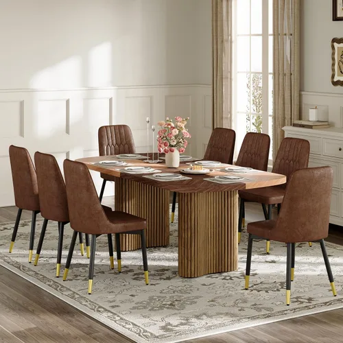 Vista 16 de Mesa de comedor extra larga de 78.7 pulgadas para 6-10 personas, mesa de cocina moderna con bases estriadas, mesa de comedor rectangular de granja