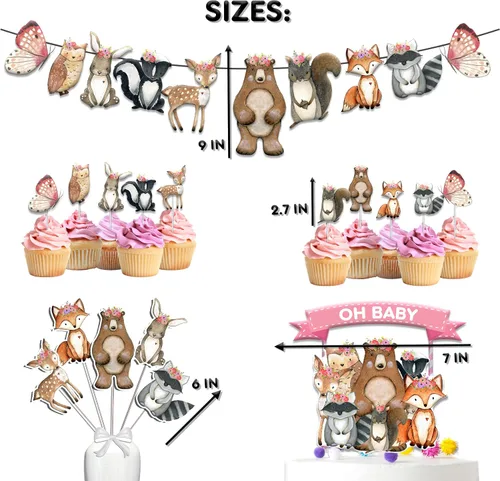 Vista 3 de Juego de decoración de baby shower del bosque – Suministros de fiesta de animales del bosque rústico con decoración para tartas "Oh Baby", pancarta