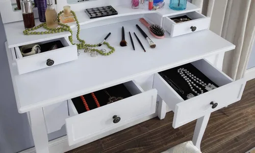 Vista 7 de Roundhill Furniture, Sanlo - Juego de tocador y banco de madera, blanco