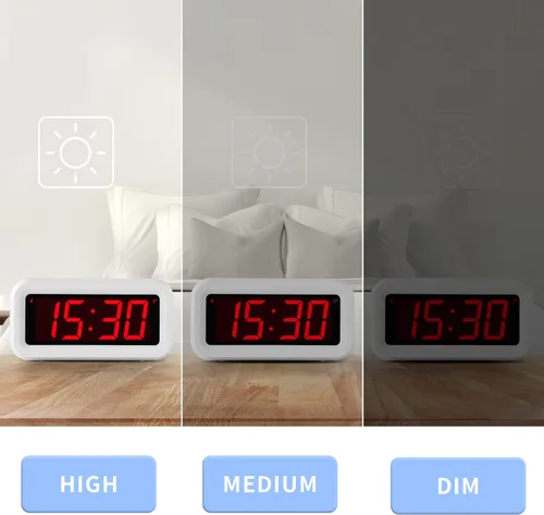 Vista 3 de Reloj despertador, reloj digital, modo nocturno automático, brillo LED de 3 niveles, funciona con pilas, 12/24 horas, pantalla de dígitos rojos