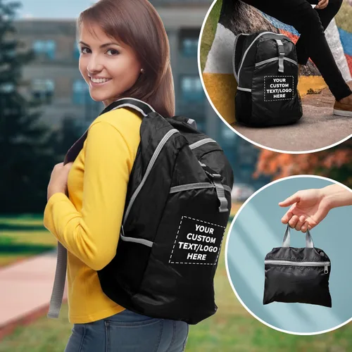 Vista 6 de DISCOUNT PROMOS Mochilas plegables de viaje ligeras - Bolsa funcional, - Personalizado - Negro, Mochilas Tradicionales