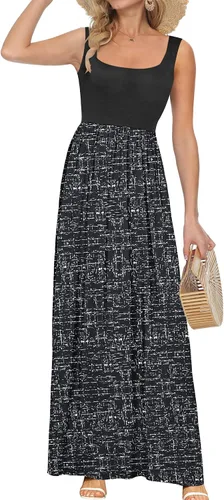 Vista 27 de AUSELILY Vestido largo con cuello cuadrado para mujer, sin mangas, floral, holgado, con bolsillos
