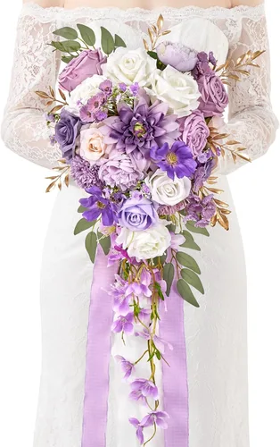 Vista 18 de Serwalin Ramos de boda de 9.8 pulgadas para novia y dama de honor, peonías rosa empolvado, ramos de flores de novia para boda, ramo de lanzamiento