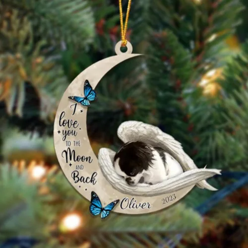Vista 134 de Adorno colgante personalizado de ángel durmiendo en la luna, perro sabueso afgano, nombre personalizado, acrílico impreso en 2D plano – cumpleaños