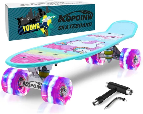 Vista 15 de Patinetas, Monopatín Completo de 56 cm, Mini Cruiser para Niños, Niñas, Adolescentes Principiantes con Ruedas de Luces Intermitentes Coloridas