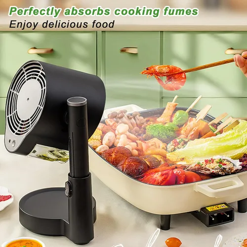 Vista 3 de Campana extractora portátil para cocina de RV, BBQ, olla caliente, ventilador de escritorio para cocina con 3 velocidades, altura telescópica, bajo