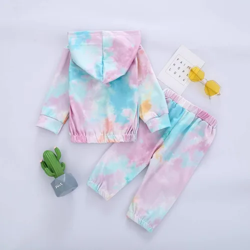 Vista 3 de Conjunto de 2 piezas para bebé y niña, teñido anudado, manga larga, sudadera con capucha y pantalones, ropa de otoño e invierno