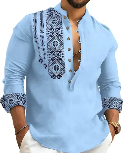 Vista 14 de Kubsid Mens Henley Shirts Casual T Shirt Long Sleeve Banded Collar Button Down Vintage Beach Tops