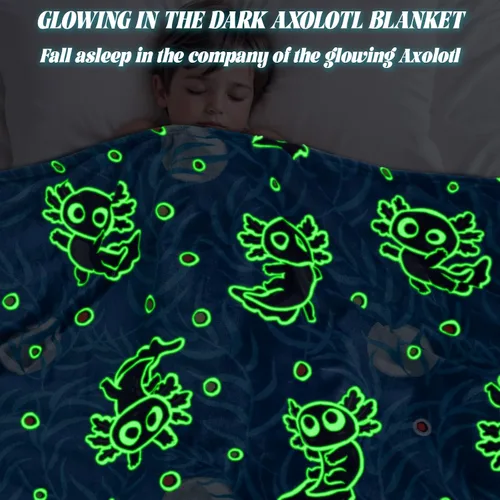 Vista 2 de Manta de Ajolotl para Niños que Brilla en la Oscuridad Manta para Niños Niños Manta de Tiro Regalos de Ajolotl Decoración Animal Salamandra Mantas