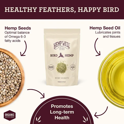 Vista 2 de Hemp Well Corazones de cáñamo orgánico para pájaros: reduce el desplome de las plumas, promueve la relajación, el apoyo inmunológico, orgánico