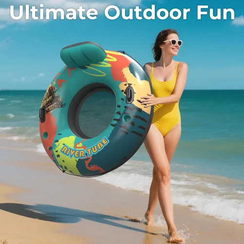 Vista 8 de Flotador de tubo de río resistente de 53 pulgadas para adultos, flotador inflable para piscina, lago y playa con portavasos incorporados, respaldo