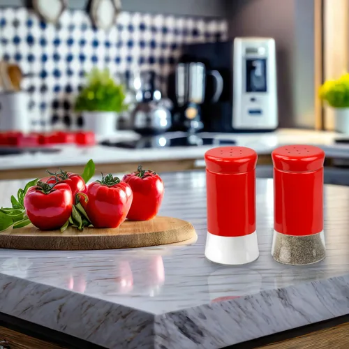 Vista 3 de Home Basics - Salero y pimentero de acero inoxidable de estilo retro (rojo), 2 piezas para sal, pimienta, comino, canela, pimentón y más, con bases
