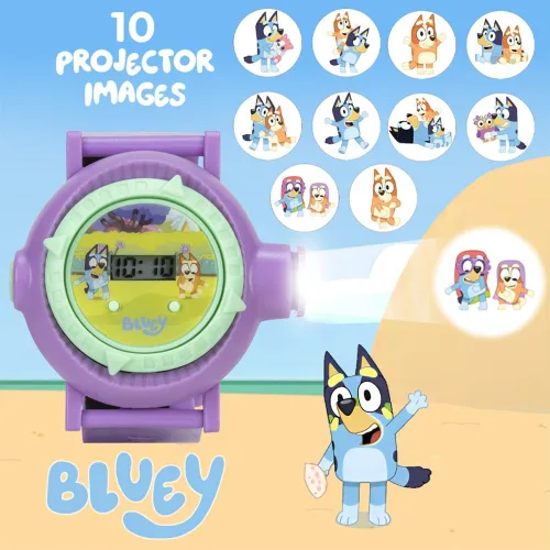 Vista 2 de Bluey - Reloj de proyección para niños con pantalla LCD, 10 divertidas imágenes azules, proyector iluminado, correa de plástico ajustable