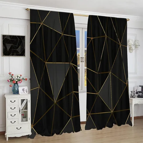 Vista 125 de Cortinas Negras con Dobladillo Dorado, Cortinas Opacas con Bolsillo para Barra con Estampado de Rayas de Foil en Onda Dorada para Decoración de Negro