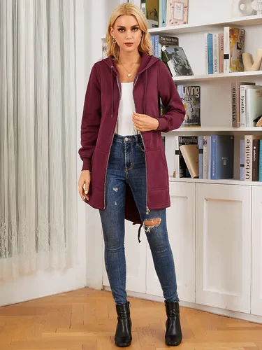 Vista 2 de Kidsform Sudadera con capucha de manga larga con cremallera completa para mujer, sudadera larga casual con capucha y bolsillos