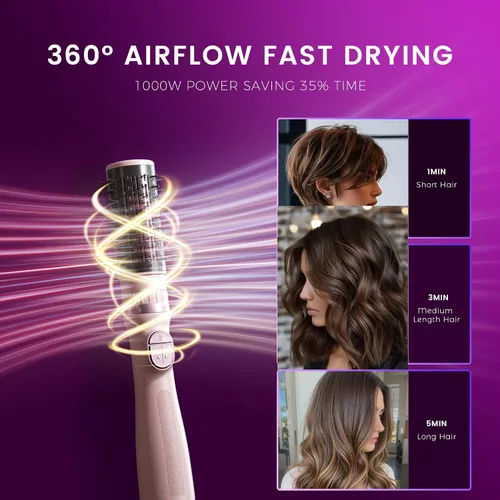 Vista 3 de Cepillo secador de pelo, giratorio 3 en 1 con 3 cabezales para secar peinado, voluminizar, rizar, elegante en un solo paso para cabello largo, 3 Rosa