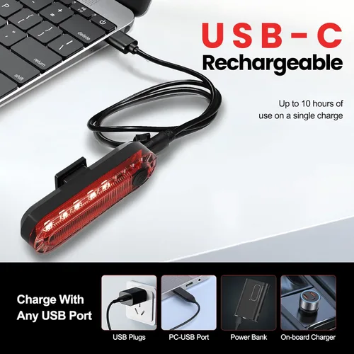 Vista 3 de Luz trasera LED recargable para bicicleta, luz trasera de bicicleta brillante máxima de 10 horas, 4 modos de luz, accesorios de linterna