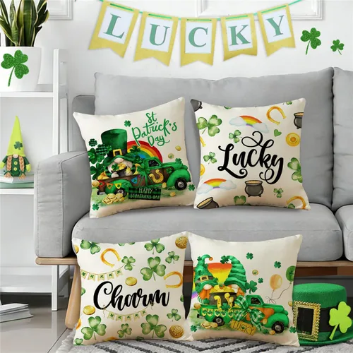 Vista 5 de NIGHTWISH Juego de 4 fundas de almohada del Día de San Patricio de 16 x 16 pulgadas, diseño de gnomo de camión de trébol, decoración del día de San