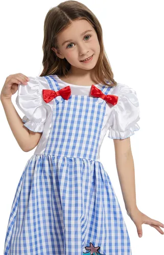 Vista 4 de WXCTEAM Disfraz de mago para niños y niñas, vestido de guinga con mangas abullonadas y estampado a cuadros
