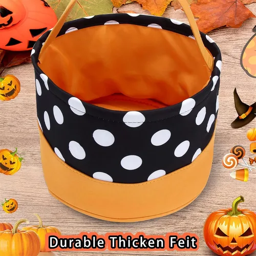 Vista 4 de Cubo de dulces de Halloween, bolsa de dulces de Halloween, bolsa de lona para Halloween, cesta de calabaza y calavera a rayas con asa