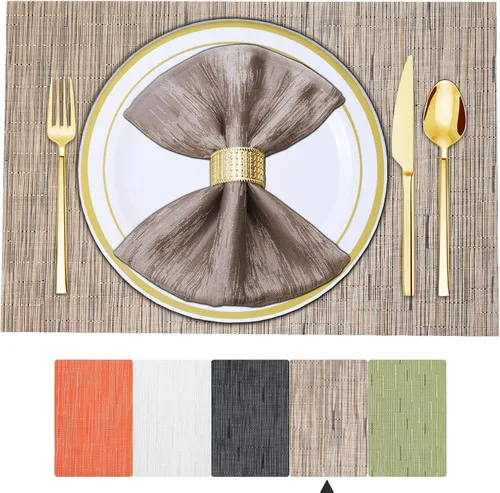 Vista 38 de BETEAM Juego de 4 manteles individuales de vinilo tejido para mesa de comedor, lavables, lavables, manteles individuales de cocina, duraderos
