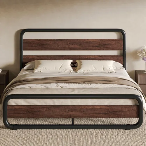 Vista 12 de SHA CERLIN Base de cama de metal de tamaño individual con cabecera y estribo de madera, base de cama de plataforma ovalada resistente