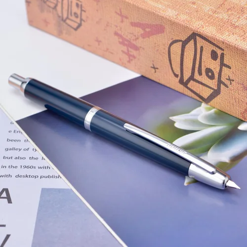 Vista 6 de Jinhao 20 Press Pluma estilográfica, azul oscuro con plumín fino retráctil y juego de convertidor de tinta (clip plateado)