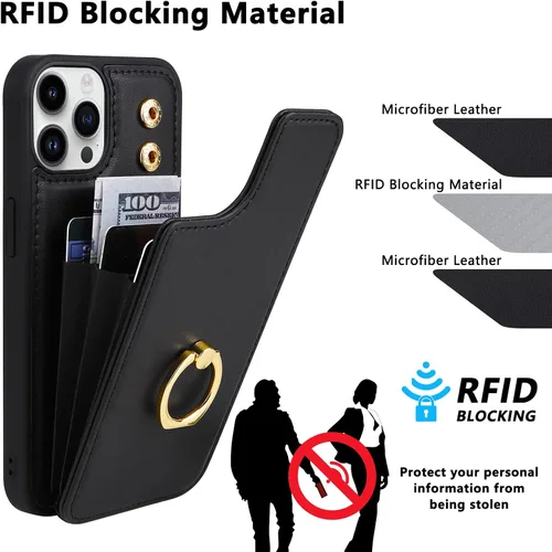 Vista 5 de Funda tipo cartera para iPhone 12 y 12 Pro con soporte para tarjetas, rotación de 360°, soporte de anillo de dedo con función atril, protección