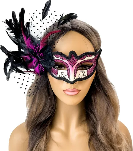 Vista 6 de Elegante máscara de plumas para mascarada, Mardi Gras, máscaras burlesque para mujer, disfraz de plumas, máscaras venecianas