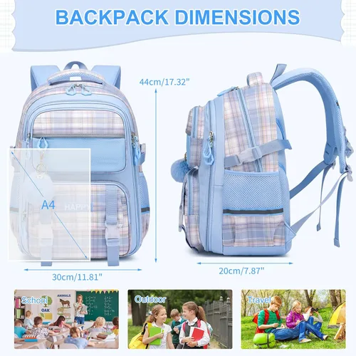 Vista 2 de WYCY - Mochila escolar para niñas Perfecta para niños y adolescentes Mochila kawaii con compartimento para portátil, Tartán azul, Grande, Classic