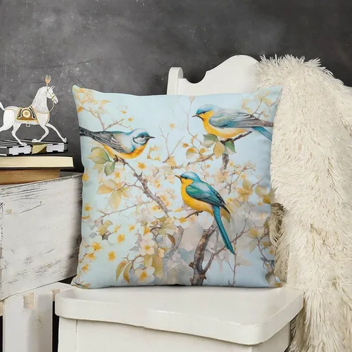 Vista 3 de Fundas de almohada decorativas de terciopelo de doble cara de 18 x 18 pulgadas, diseño de ramas de pájaros, para dormitorio, sala de estar