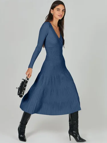 Vista 7 de ANRABESS Vestido midi cruzado tipo suéter para mujer, manga larga, cuello en V, cintura alta, acanalado, plisado, vestido acampanado