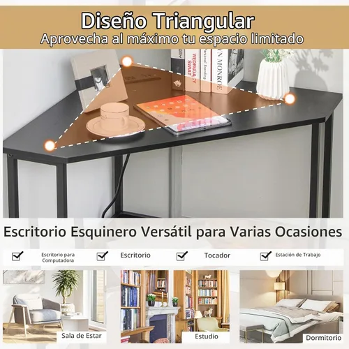 Vista 9 de Tangkula Escritorio esquinero con toma de corriente y puertos USB, escritorio triangular para computadora con estación de carga, estante de Negro