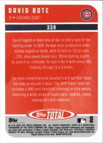 Vista 2 de 2020 Topps Total Baseball (Wave 4) #339 David Bote Chicago Cubs Official MLB Trading Card Online Exclusive Limited Print Run