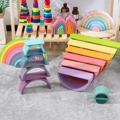 Vista 6 de Juguete apilable de madera de arco iris, apilador de 12 piezas, bloques de construcción de rompecabezas de anidación extragrandes, juguetes