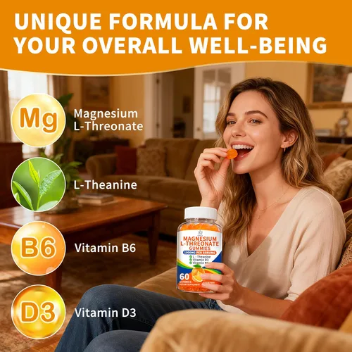 Vista 3 de Paquete de 2 gomitas de L-treonato de magnesio de 1000 mg para niños y adultos, treonato de magnesio de alta absorción con L-teanina vitamina D3