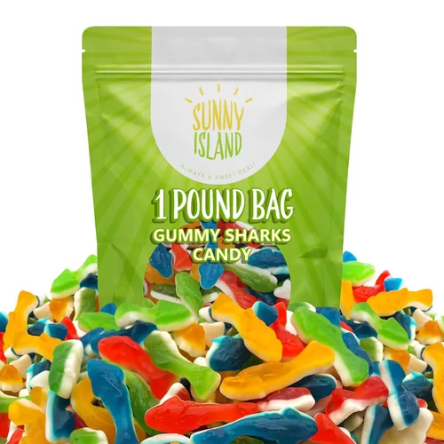 Vista 3 de Dulces de Tiburones Gomosos Bolsa de 1 libra Sabores Surtidos - Frambuesa Azul, Limón, Lima, Cereza Caramelo masticable, frambuesa azul