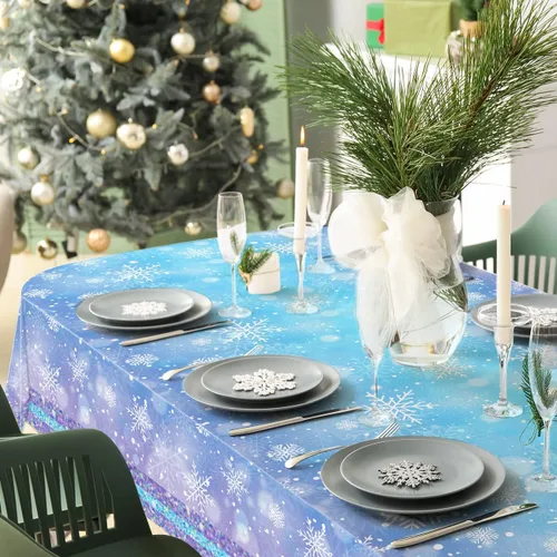 Vista 5 de Mantel de copo de nieve azul y blanco, 3 piezas, mantel rectangular de plástico desechable, 70 x 43 pulgadas, suministros para fiesta de cumpleaños