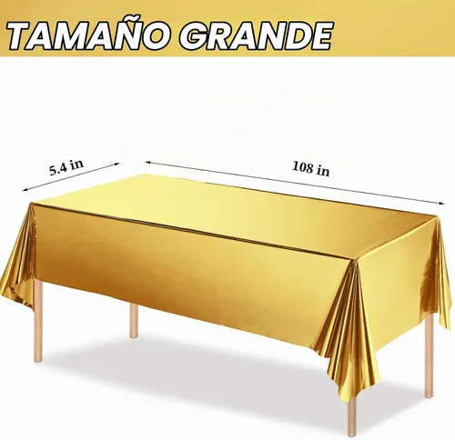 Vista 2 de Tatuo Juego de 3 manteles de mesa de fiesta rectangulares de papel de aluminio, mantel de mesa de plástico brillante impermeable de 54 x 108 Dorado