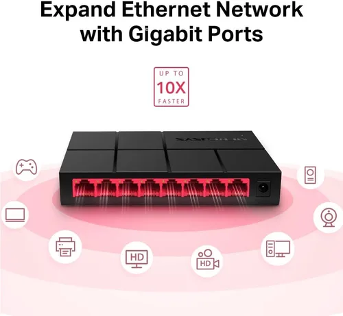 Vista 5 de Mercusys MS108G, interruptor de escritorio, 8 puertos LAN Gigabit de 10/100/1000Mbps, color negro