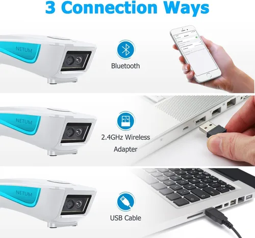 Vista 3 de NETUM Mini escáner de código de barras QR inalámbrico actualizado, 3 en 1 Bluetooth portátil de bolsillo pequeño 1D 2D lector de códigos de barras