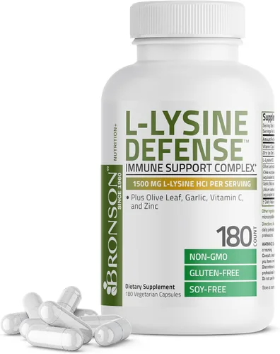 Vista 10 de Bronson Complejo de Apoyo Inmunológico L-Lysine Defense 1500 MG de L-Lisina más Hoja de Olivo, Ajo, Vitamina C y Zinc - Sin OGM, 90 Cápsulas