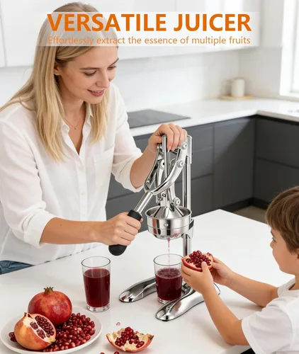 Vista 7 de Exprimidor manual profesional de mano – Exprimidor de cítricos de acero inoxidable resistente para naranja, limón y granada con base estable y taza