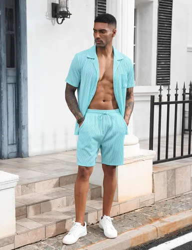Vista 2 de LecGee Conjunto de pantalones cortos casuales de verano para hombre, camisa hippie de manga corta con botones, pantalones cortos con cordón