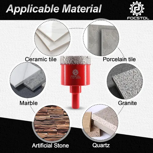Vista 5 de FOCSTOL Broca de núcleo de diamante, 2 piezas de sierra de diamante de 1-1/2 pulgadas (1.496 in) con vástago triangular para azulejos de porcelana