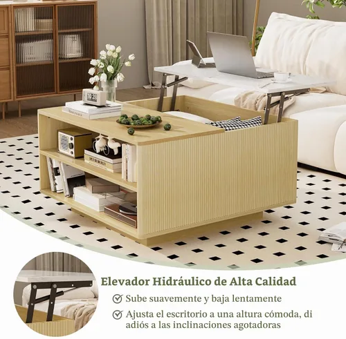 Vista 4 de Mesa de centro elevable con almacenamiento, mesa cuadrada central de madera natural estriada con almacenamiento abierto, mesa central para sala