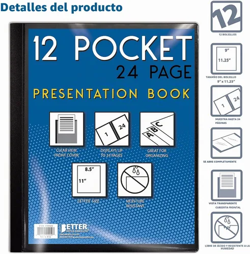 Vista 3 de Better Office Products Libro de presentación encuadernado con 12 bolsillos, color negro con cubierta frontal transparente, 24 páginas protectoras
