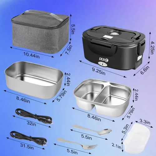 Vista 7 de IXIIE Lonchera eléctrica de 80W, calentador de alimentos para el trabajo, 12V/24V/110V, lonchera portátil para adultos con 2 envases de acero