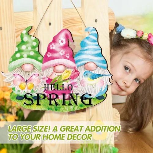 Vista 2 de Kathfly Letrero de madera con texto en inglés «Hello Spring» para puerta delantera, gnomo, tulipán, colgante de pared, corona de primavera, letrero