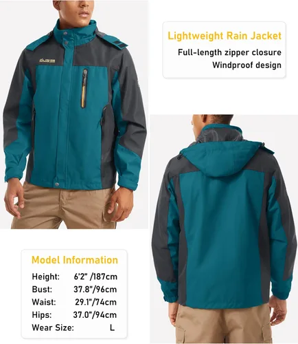 Vista 2 de MAGCOMSEN Men's Hooded Windproof Water Resistant Rain Jacket Windbreaker 5 Pockets for Hiking,Fishing,Runing